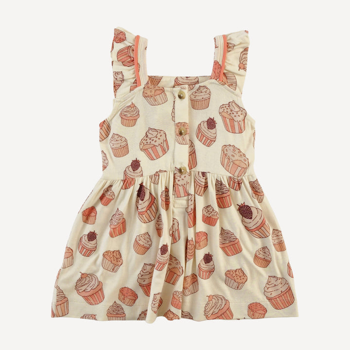 piped flutter pinafore pocket dress | strawberry cupcake | bamboo