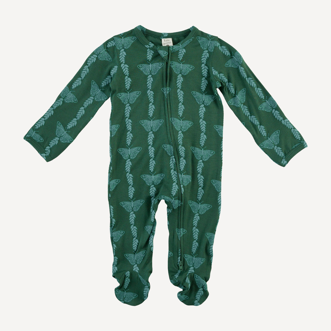 long sleeve two way zipper footie | juniper butterfly vine | bamboo