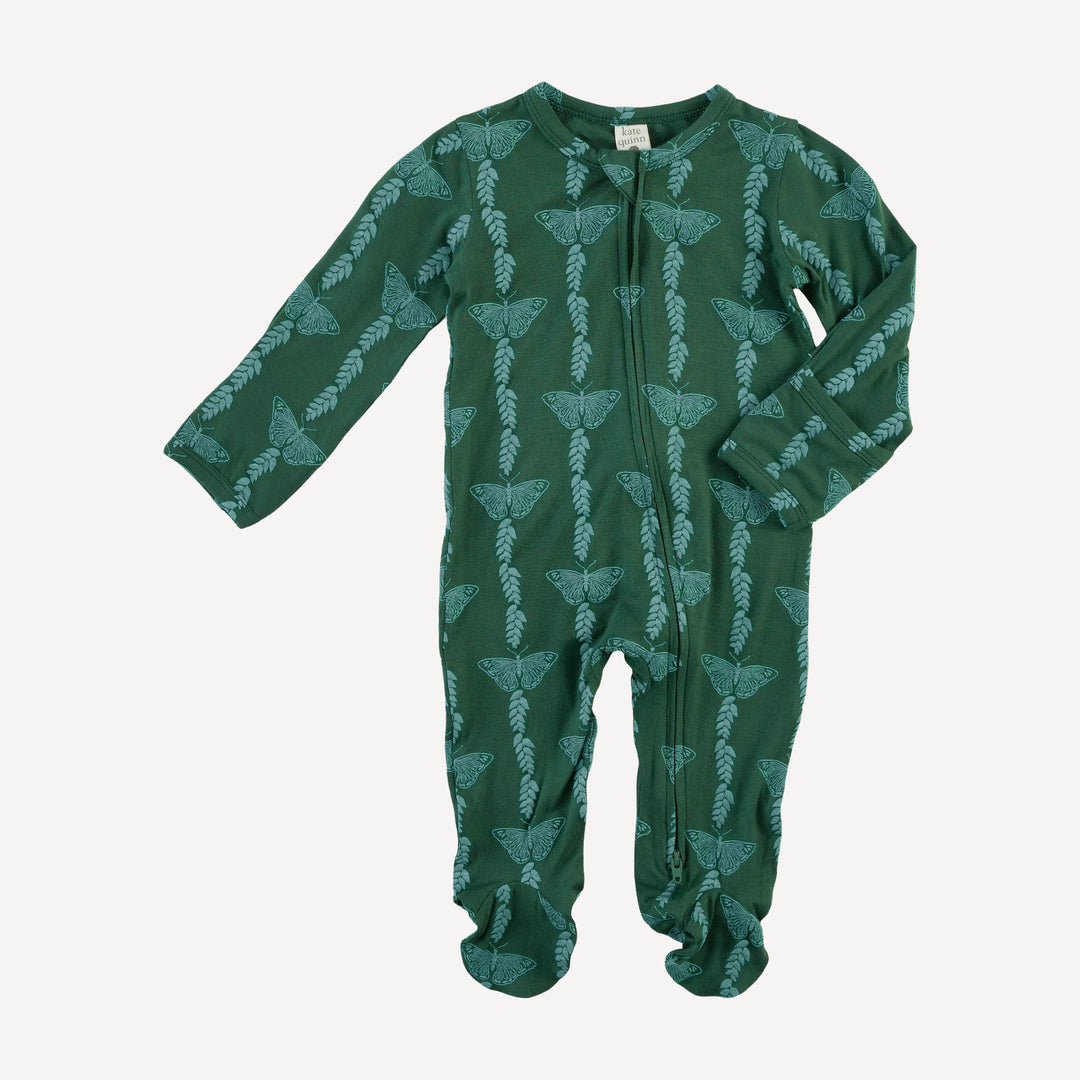long sleeve two way zipper footie | juniper butterfly vine | bamboo