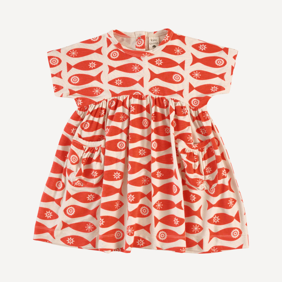 short sleeve gathered waist pocket dress | market fish | bamboo