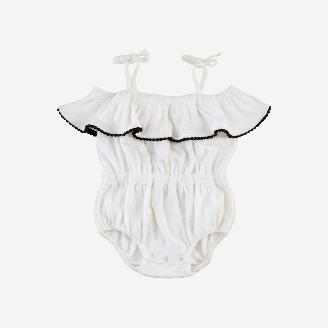 spaghetti tie ruffle off shoulder bubble with pom poms | coconut | organic cotton terry