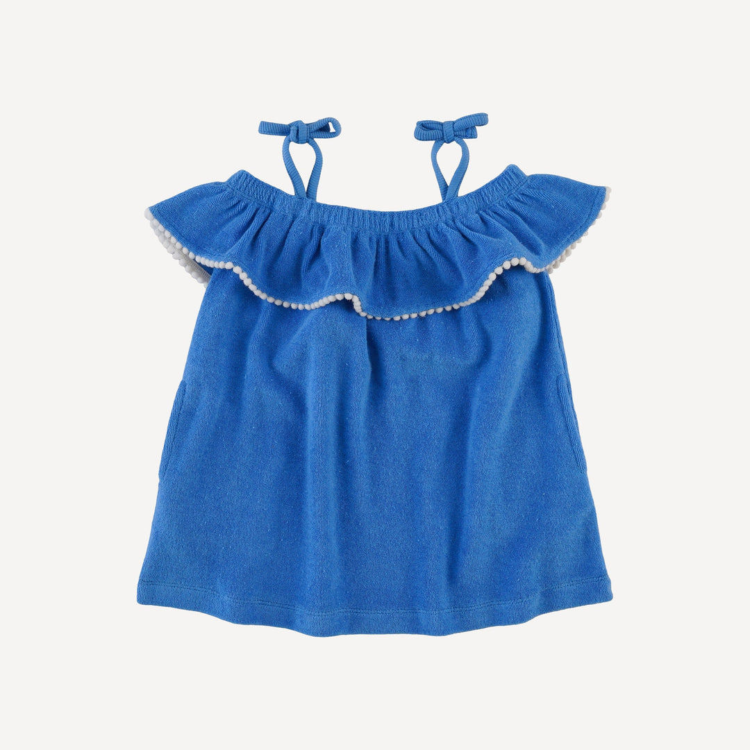 off shoulder ruffle tunic | vivid blue | organic cotton terry