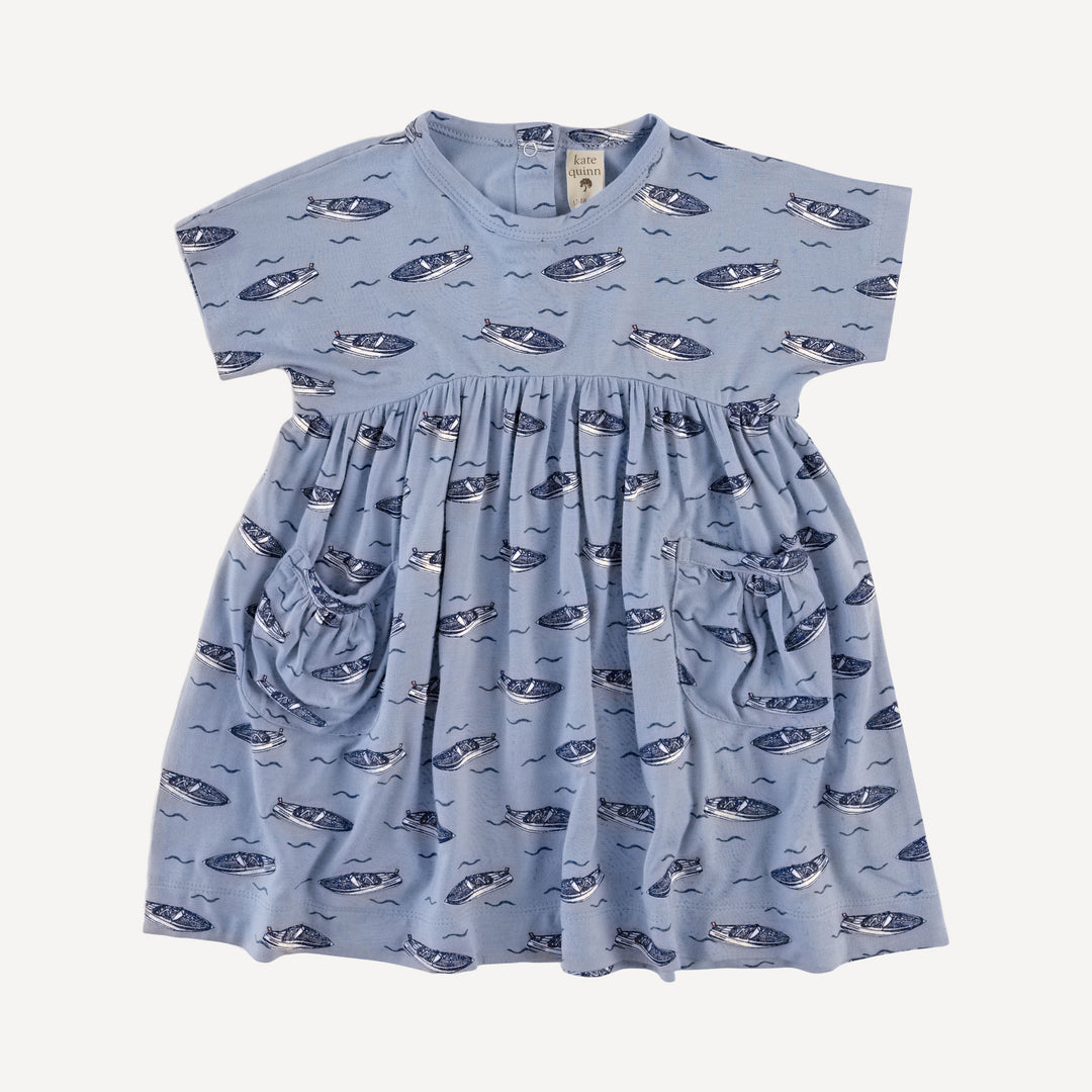 short sleeve gathered waist pocket dress | italian boat | bamboo