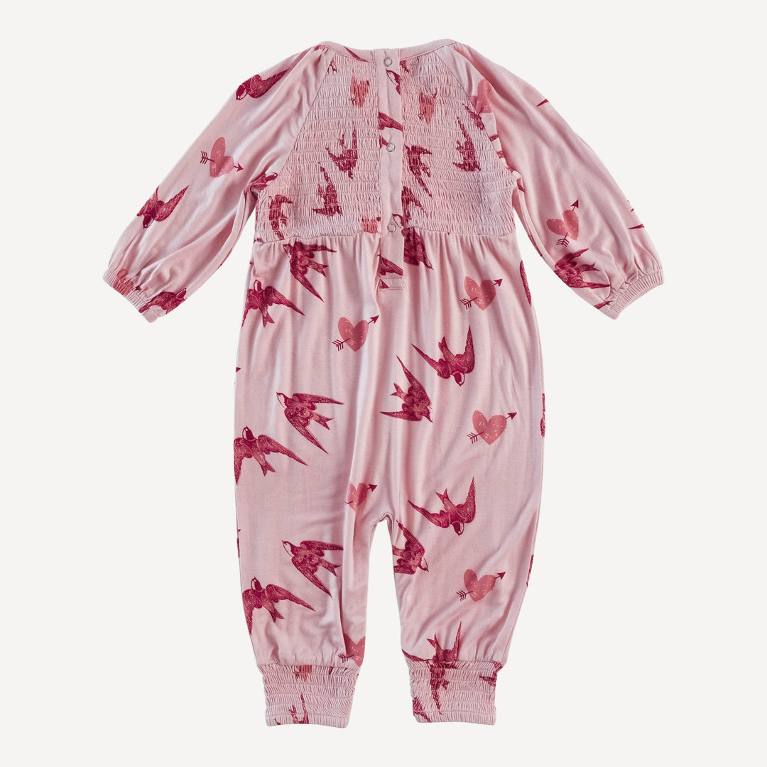 long sleeve puff smocked jumpsuit | birds & hearts | lenzing modal