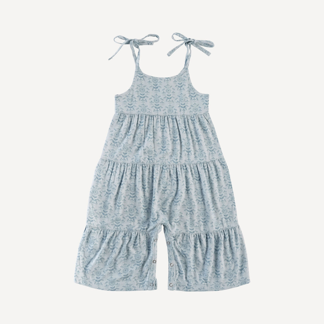 spaghetti tie prairie gaucho jumpsuit | cornflower folk wallpaper | organic cotton gauze