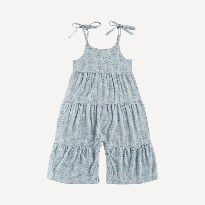 spaghetti tie prairie gaucho jumpsuit | cornflower folk wallpaper | organic cotton gauze
