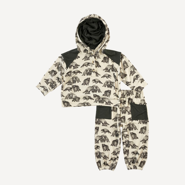 long sleeve henley hoodie + relaxed pocket jogger set | raccoons | bamboo