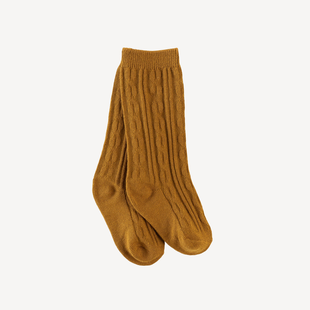 cable knee high socks | mustard | organic cotton rib