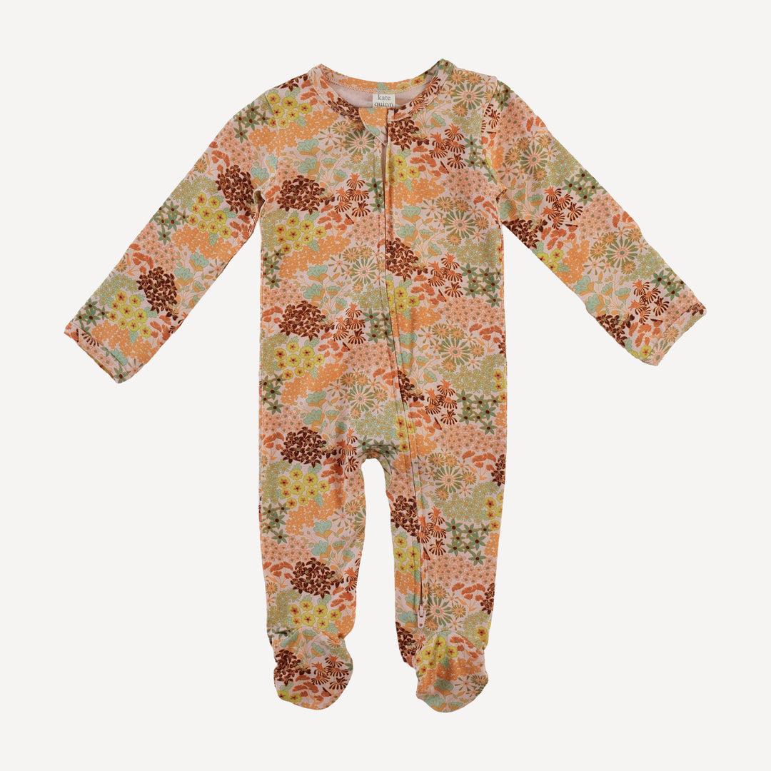 long sleeve two way zipper footie | pink ditsy garden | bamboo