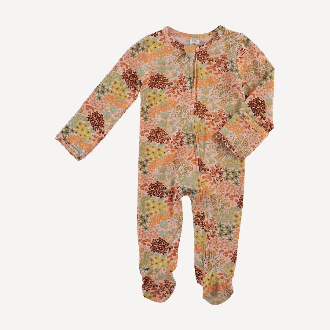 long sleeve two way zipper footie | pink ditsy garden | bamboo