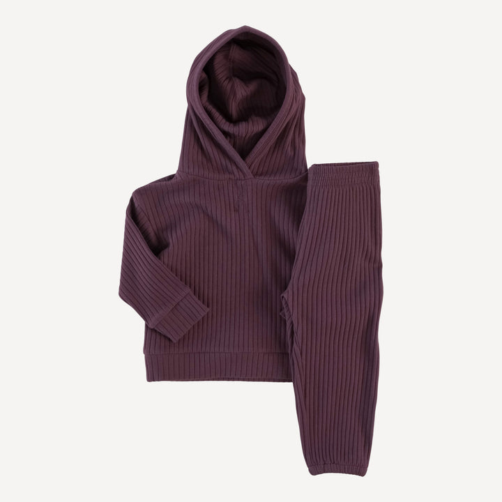 long sleeve boxy topstitch hoodie and relaxed jogger set | raisin | organic cotton wide rib