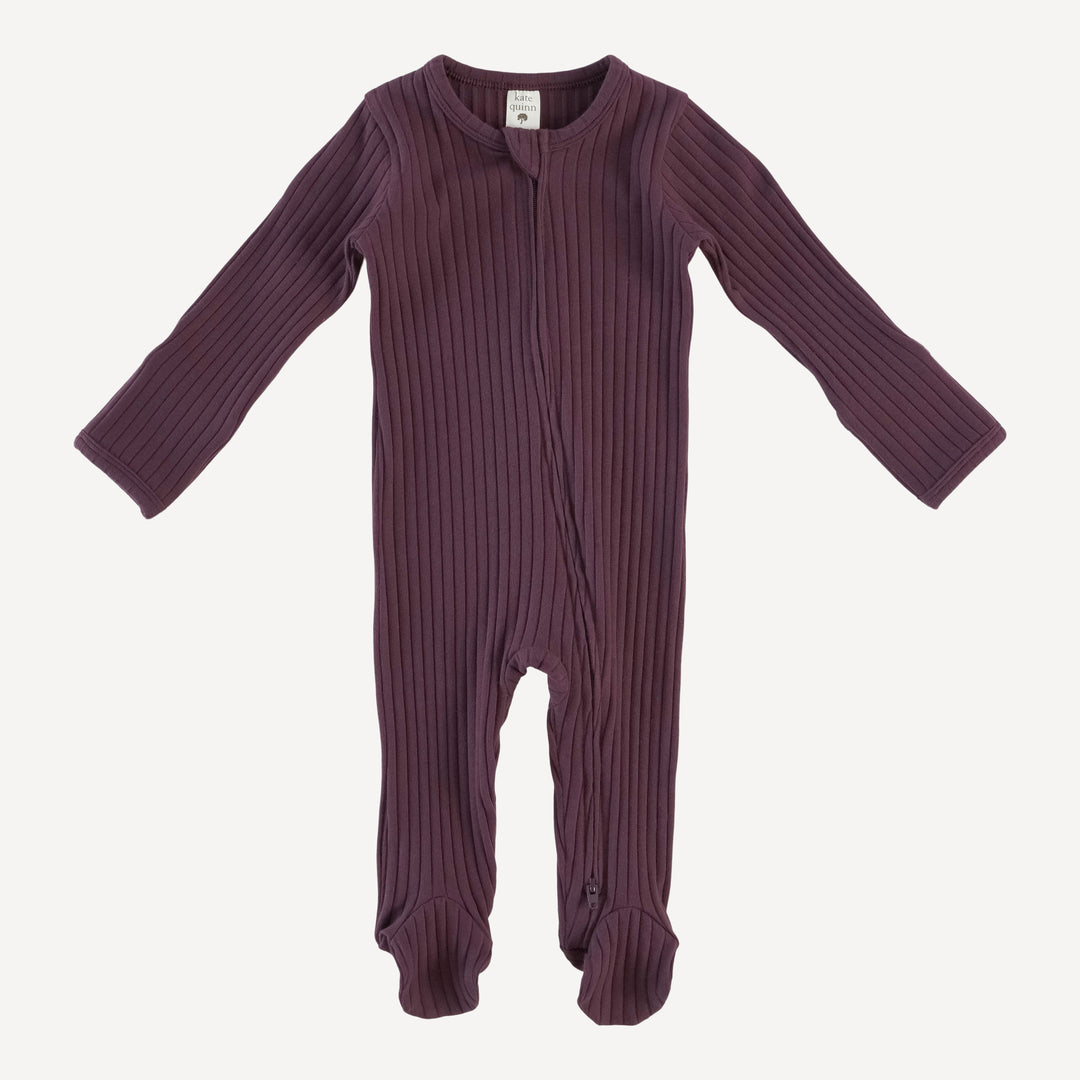 long sleeve zipper footie | raisin | organic cotton wide rib