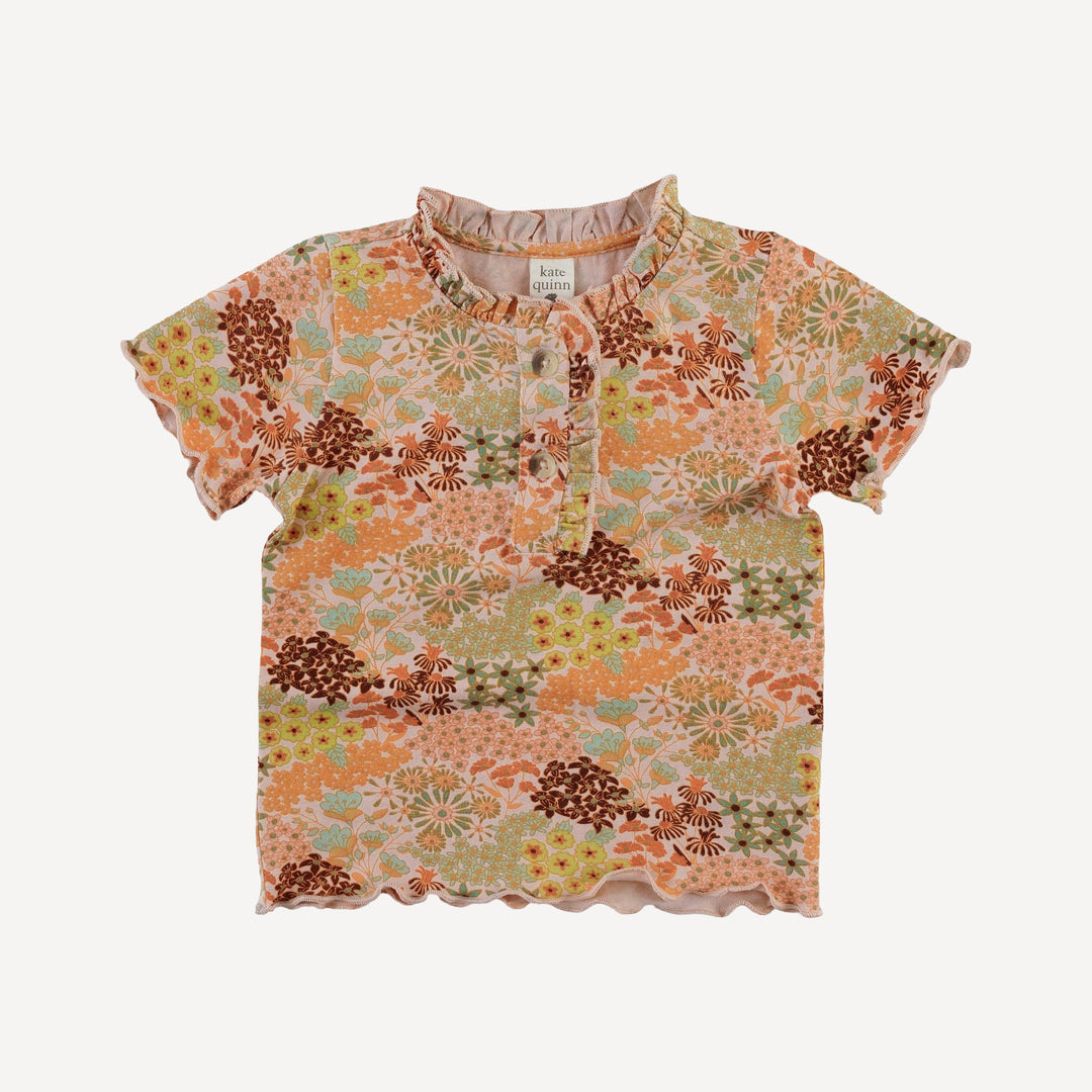 short sleeve ruffle henley tee | pink ditsy garden | bamboo