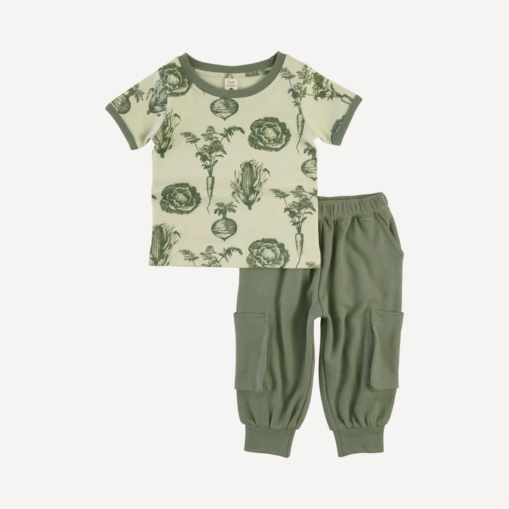 short sleeve ringer tee + cargo bubble set | green veggies | organic cotton interlock