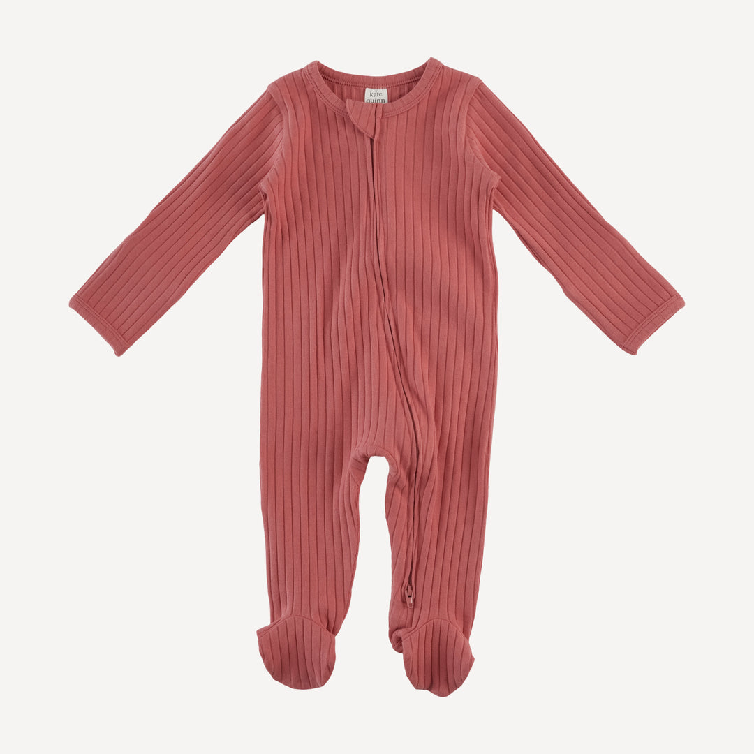 long sleeve two way zipper footie | faded rose | wide rib