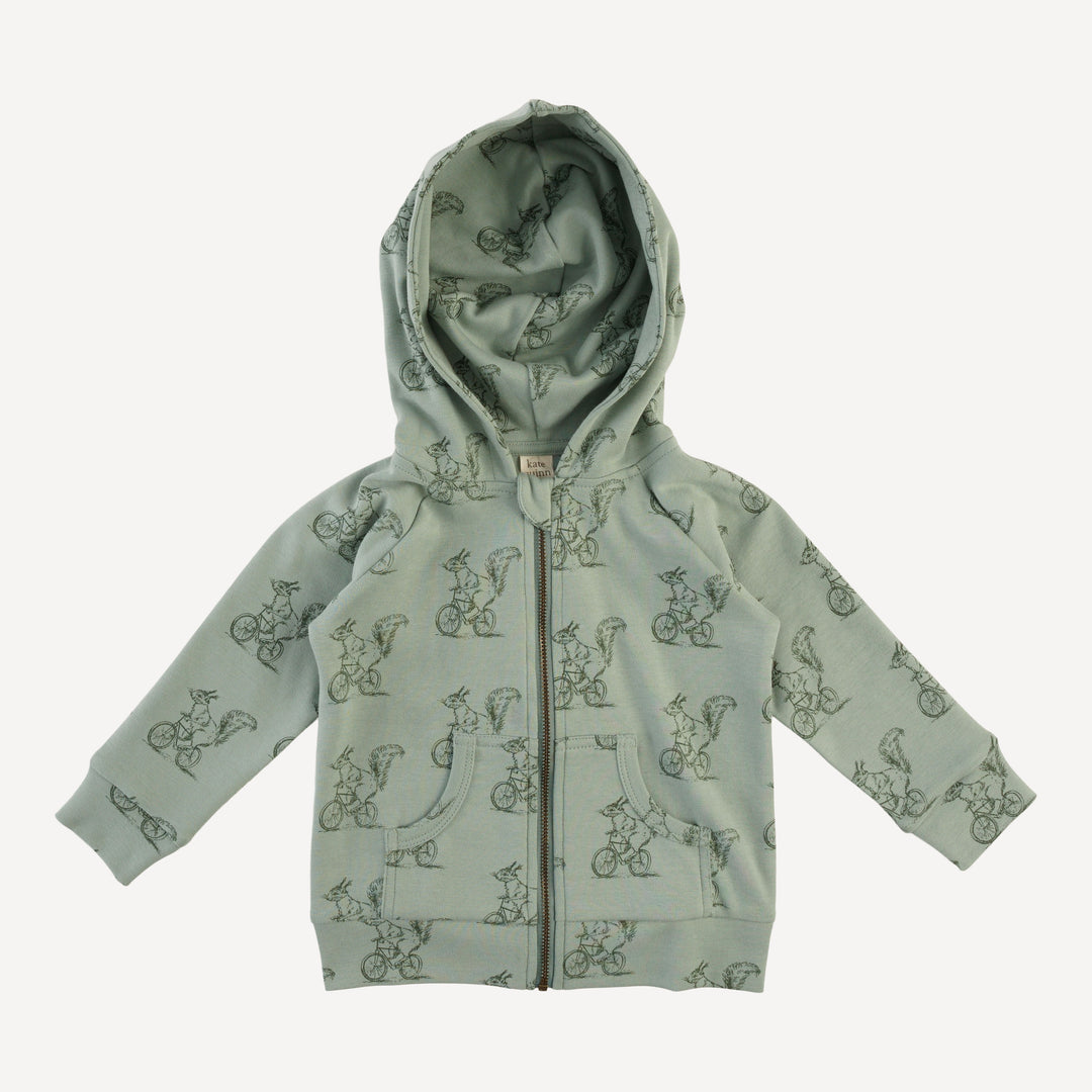 long sleeve skinny zipper pocket hoodie | squirrels on bike | organic cotton interlock