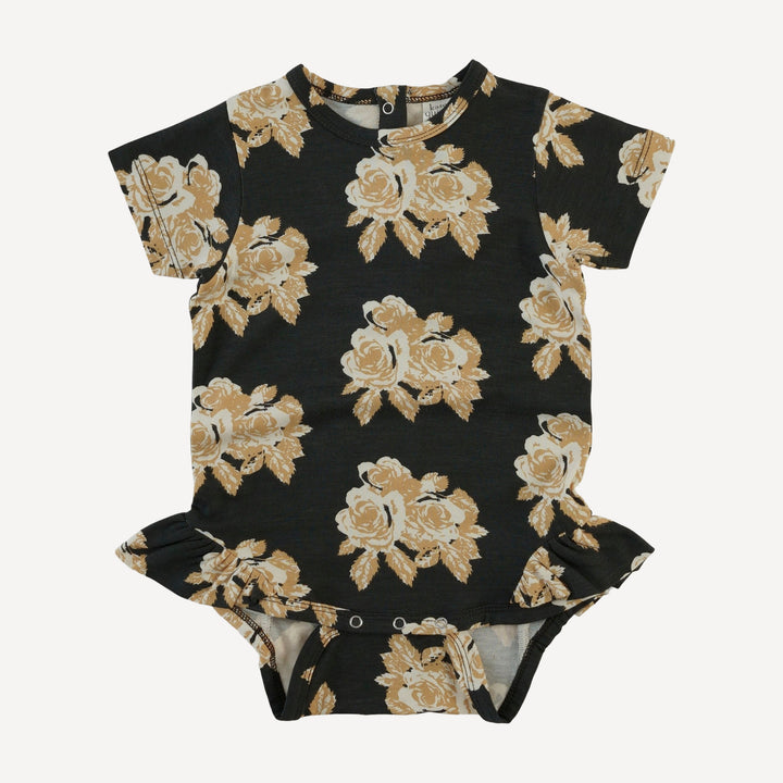 short sleeve ruffle leg bodysuit | taffy rose | bamboo