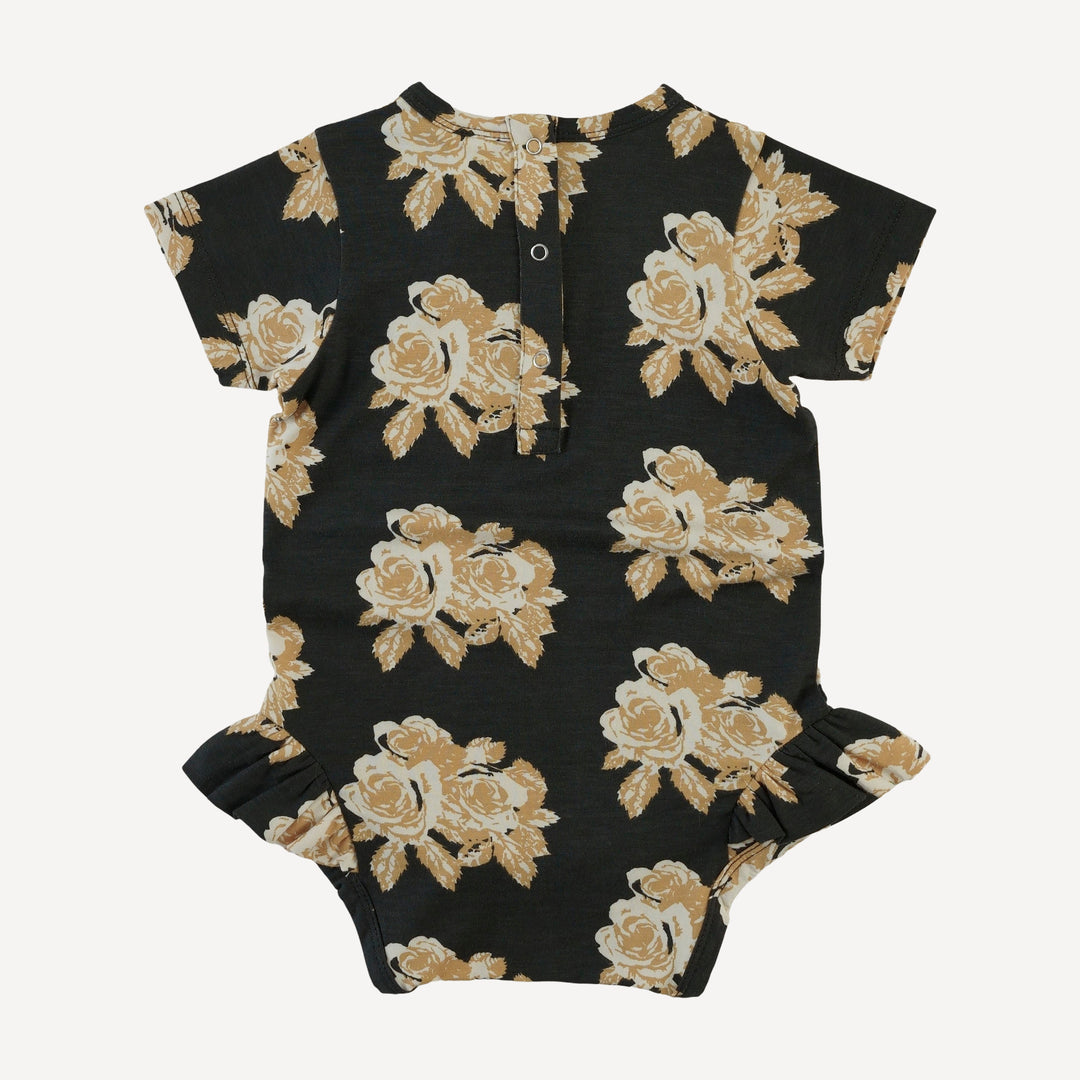 short sleeve ruffle leg bodysuit | taffy rose | bamboo