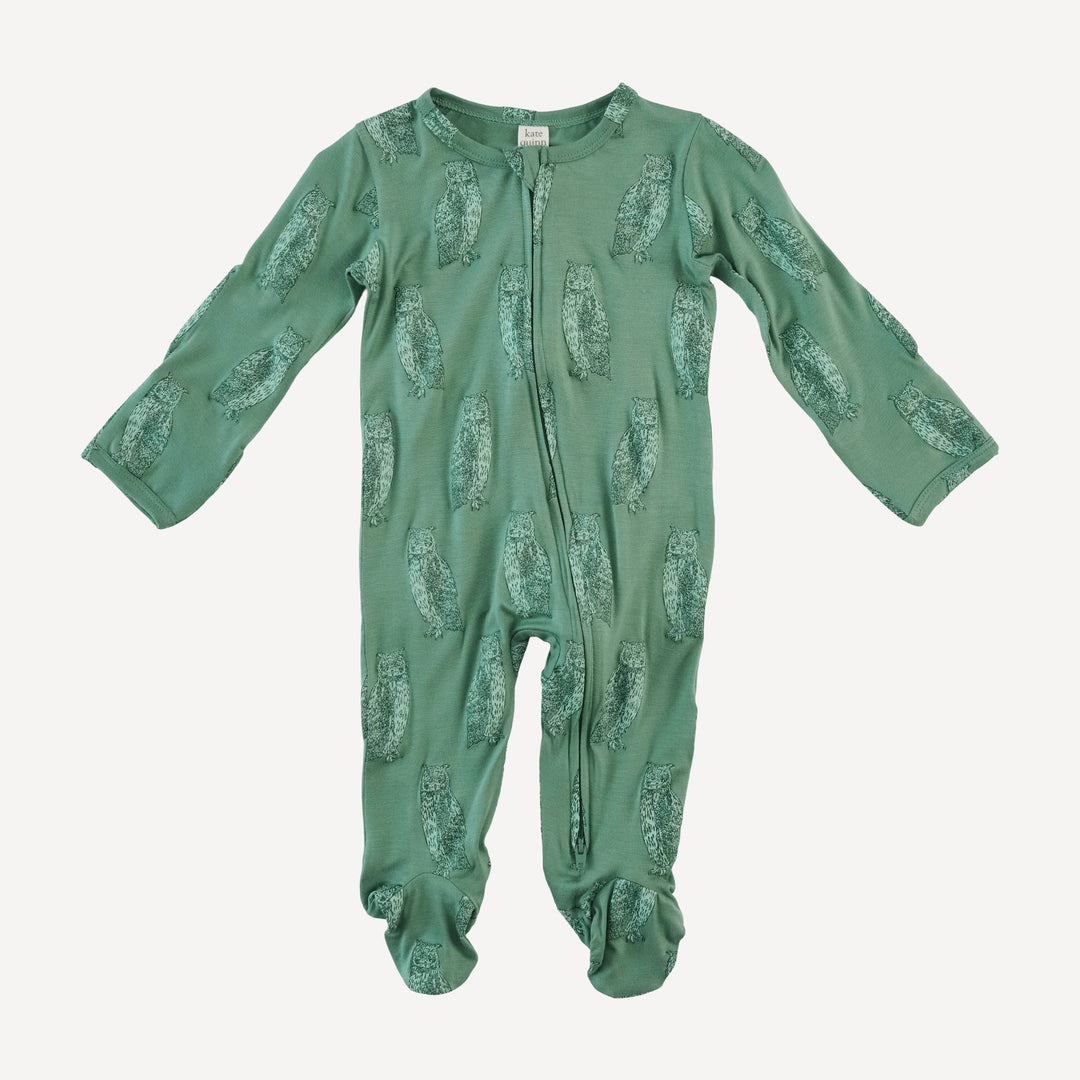 long sleeve two way zipper footie | green owl | bamboo