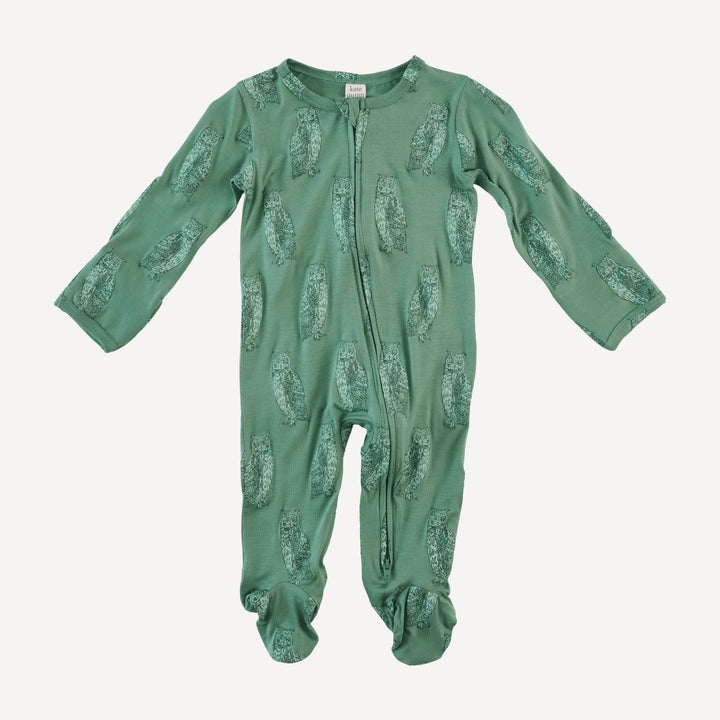 long sleeve two way zipper footie | green owl | bamboo