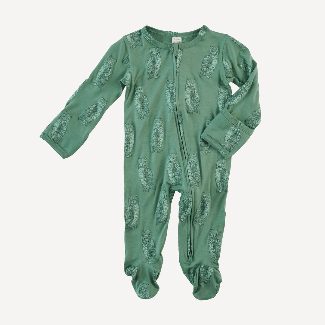 long sleeve two way zipper footie | green owl | bamboo