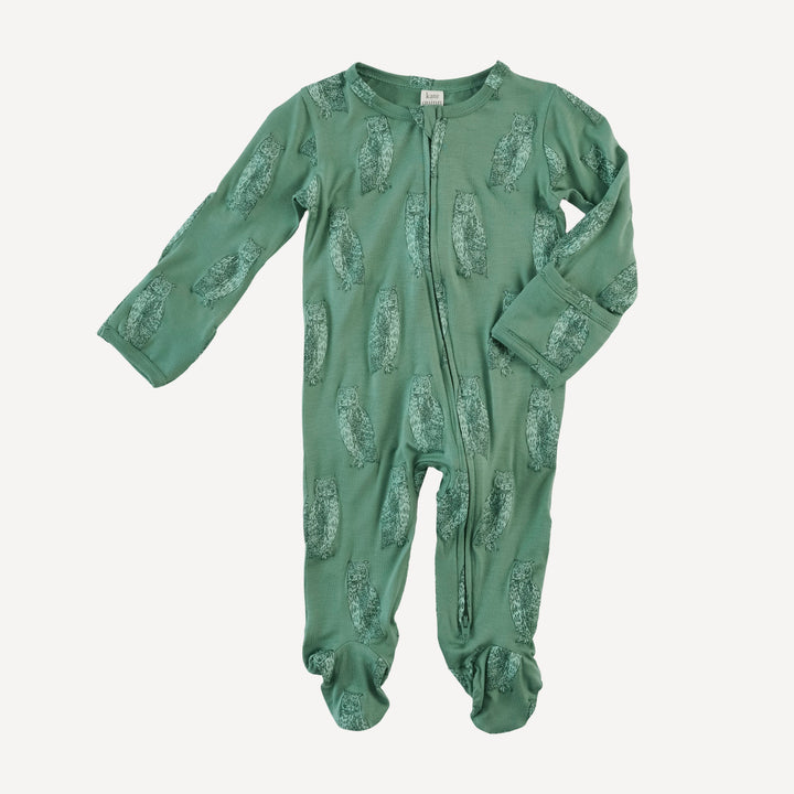 long sleeve two way zipper footie | green owl | bamboo