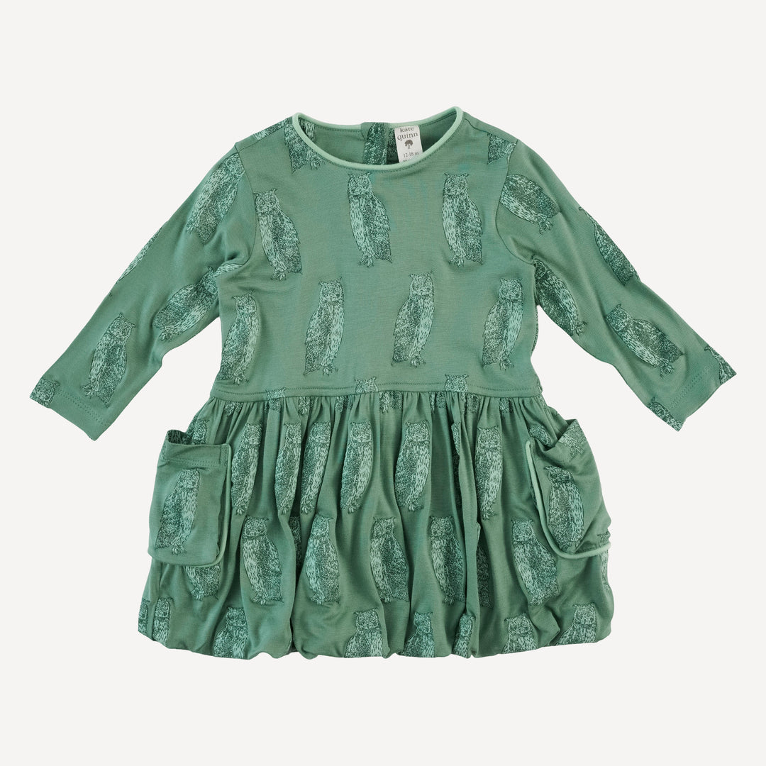 long sleeve piped cargo pocket dress | green owl | bamboo