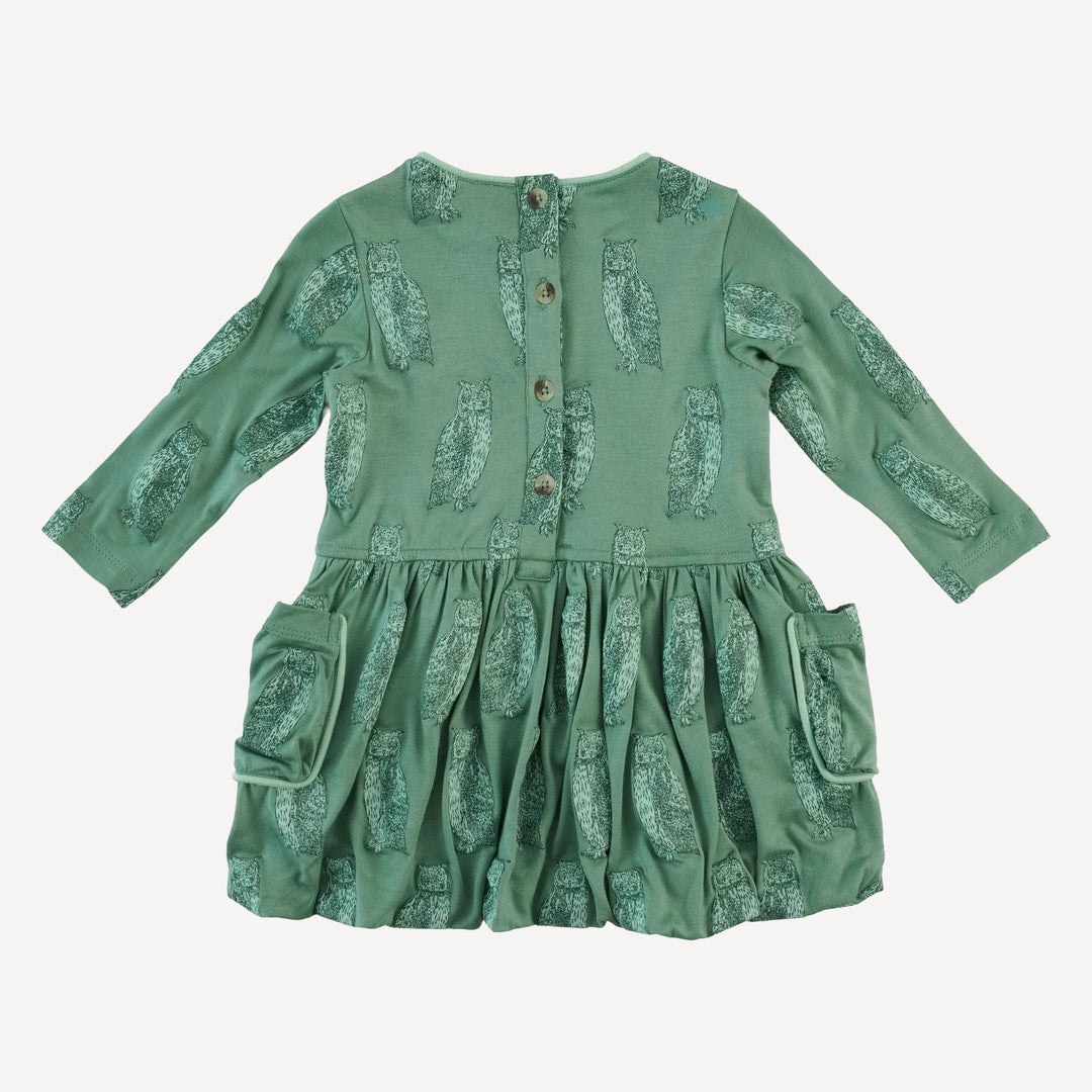 long sleeve piped cargo pocket dress | green owl | bamboo
