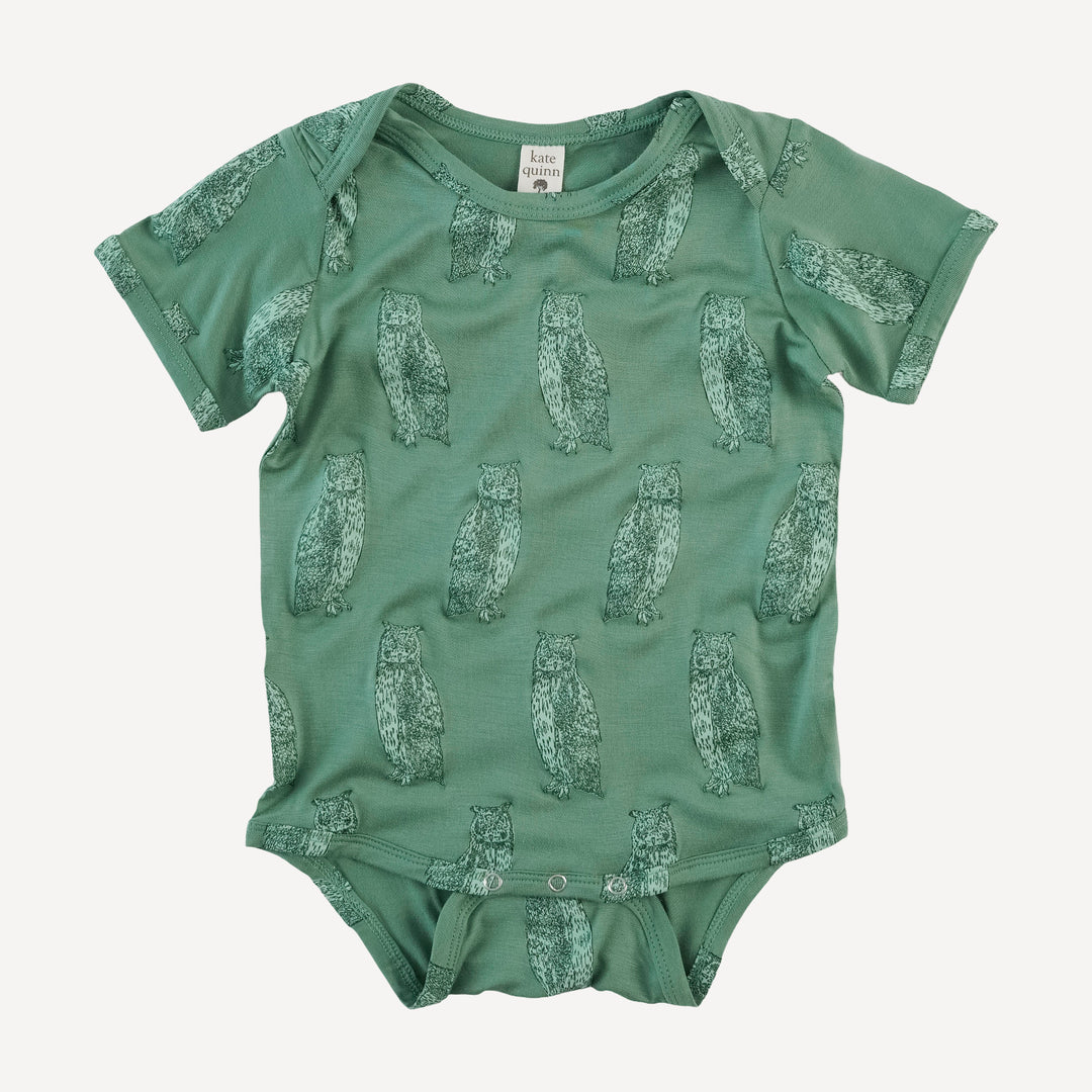 short sleeve lap neck bodysuit | green owl | bamboo