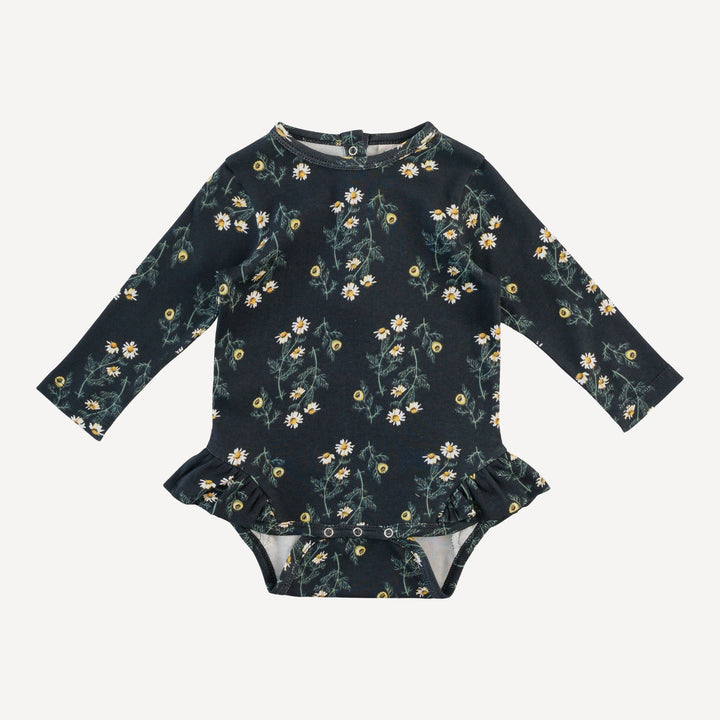 long sleeve ruffle leg bodysuit | black chamomile | organic cotton interlock