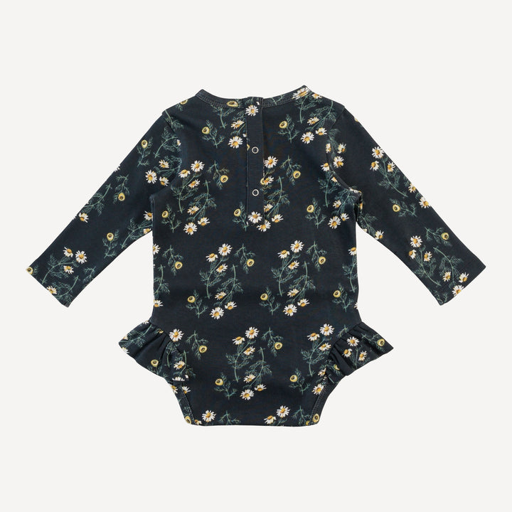 long sleeve ruffle leg bodysuit | black chamomile | organic cotton interlock