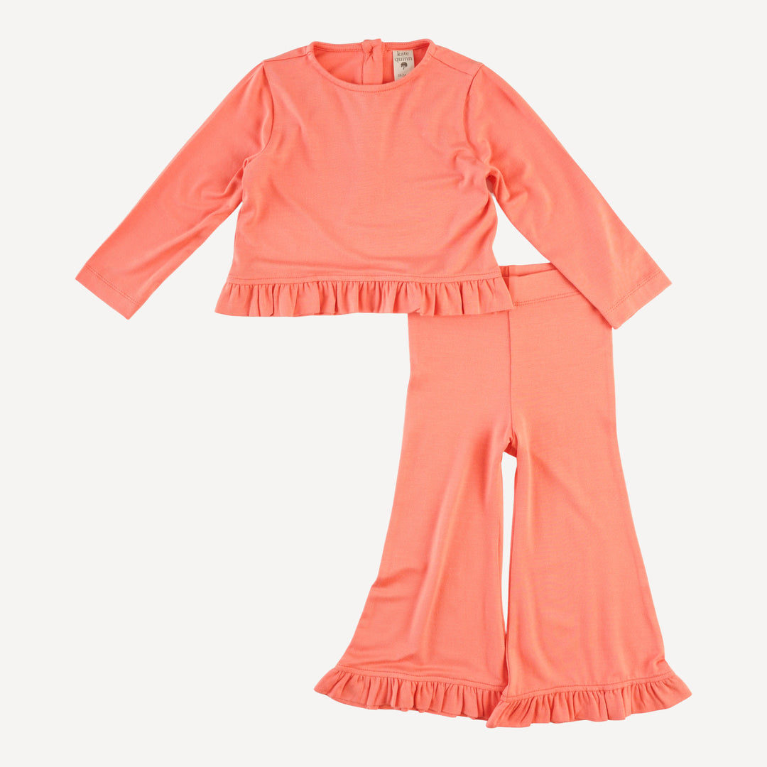 long sleeve cropped ruffle tee + flare pant set | burnt coral | bamboo