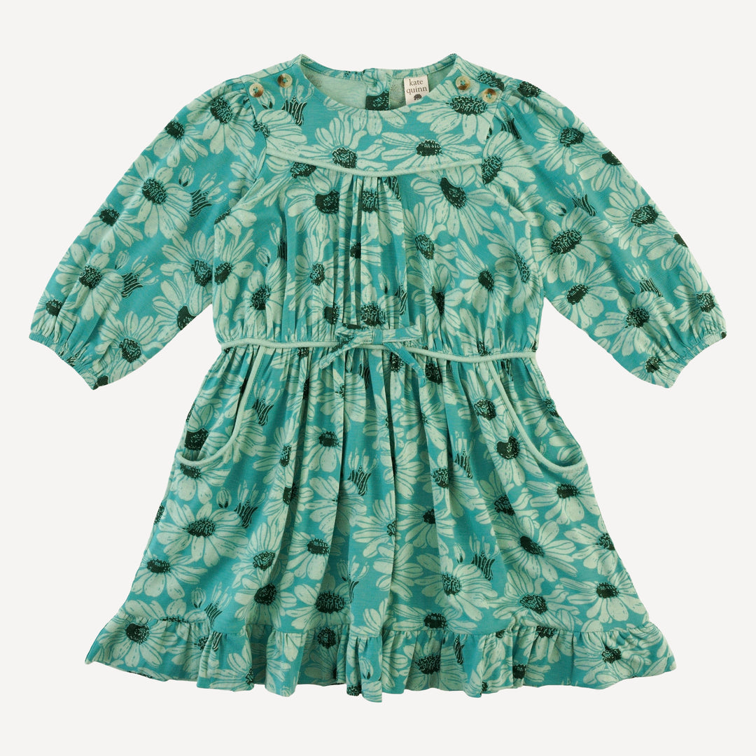 long sleeve gathered tie waist dress | green daisy | bamboo