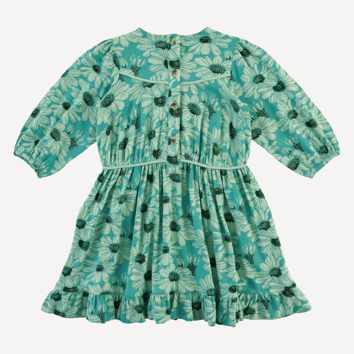 long sleeve gathered tie waist dress | green daisy | bamboo