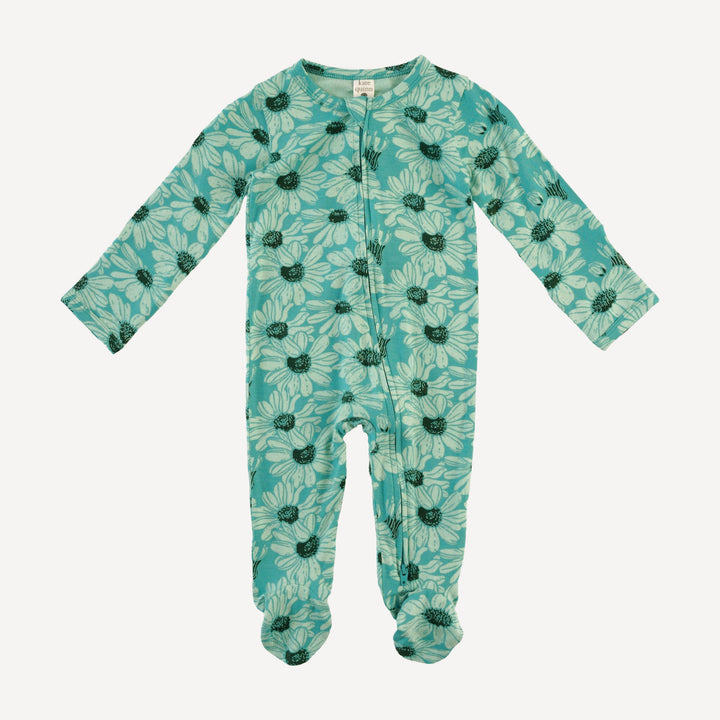 long sleeve two way zipper footie | green daisy | bamboo