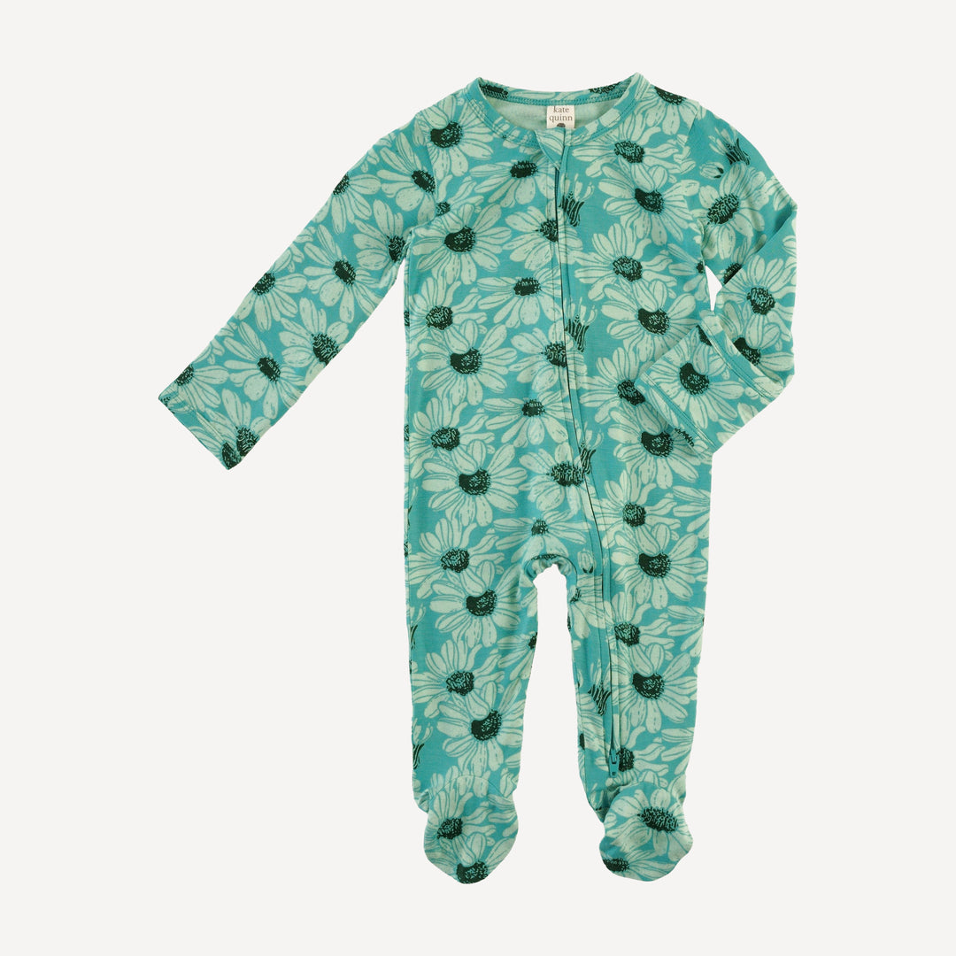 long sleeve two way zipper footie | green daisy | bamboo