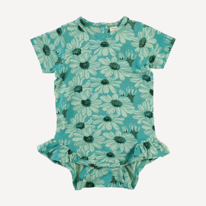 short sleeve ruffle leg bodysuit | green daisy | bamboo