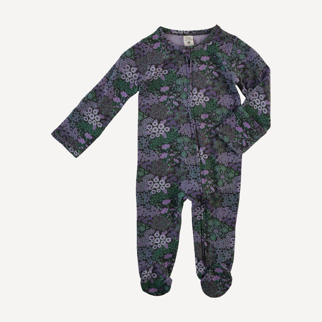 long sleeve two way zipper footie | purple ditsy | bamboo