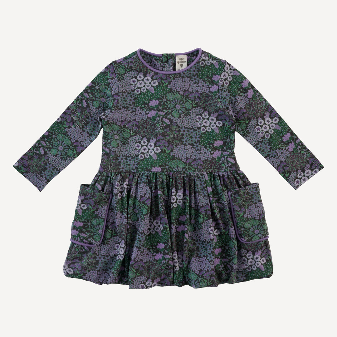 long sleeve piped cargo pocket dress | purple ditsy | bamboo
