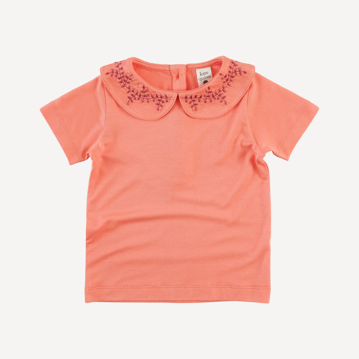 short sleeve leaf embroidered peter pan tee | peach sorbet | bamboo
