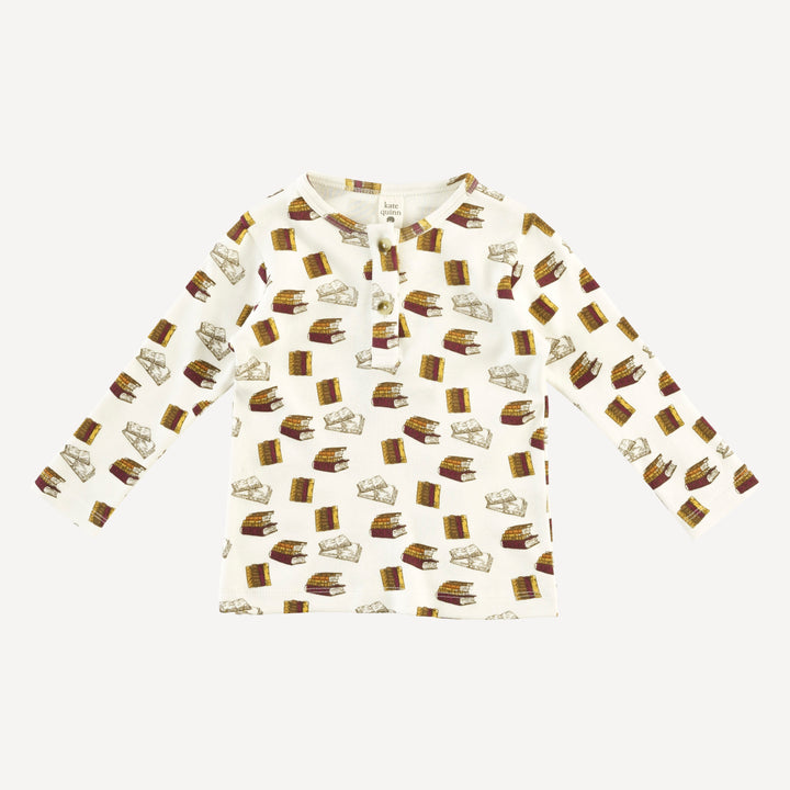 long sleeve basic henley tee | multi books | organic cotton interlock