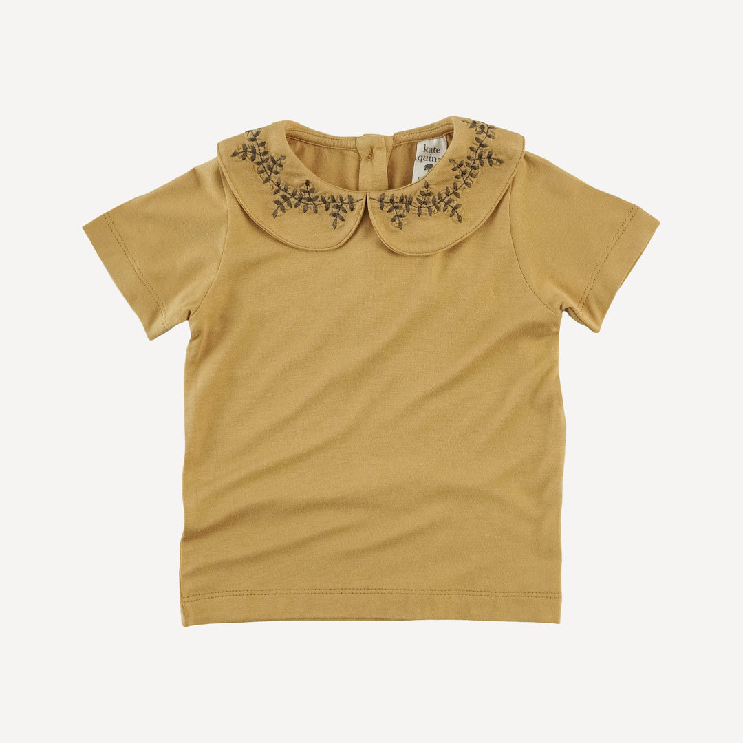 short sleeve leaf embroidered peter pan tee | taffy | bamboo