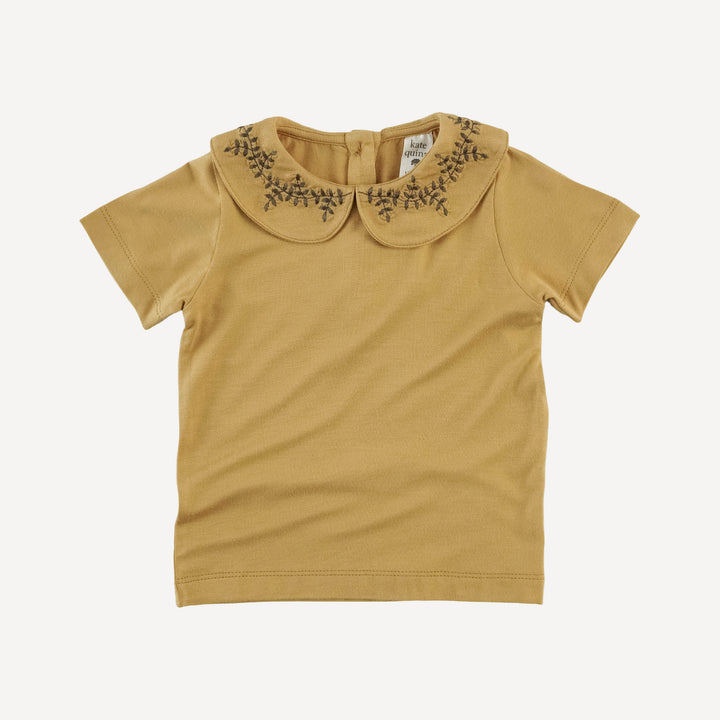 short sleeve leaf embroidered peter pan tee | taffy | bamboo