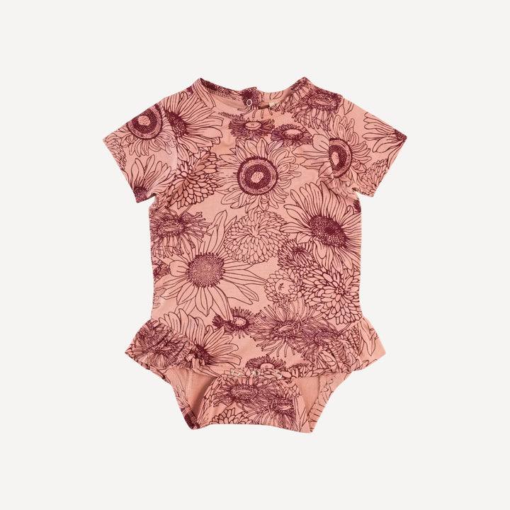 short sleeve ruffle leg bodysuit | merlot sunflowers | bamboo