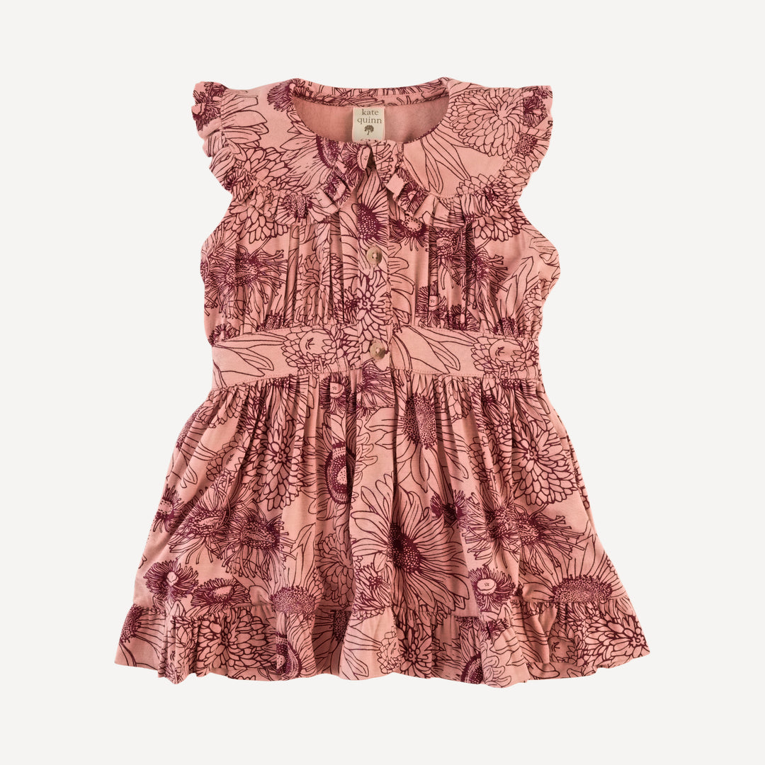 sleeveless ruffle peter pan dress | merlot sunflowers | bamboo