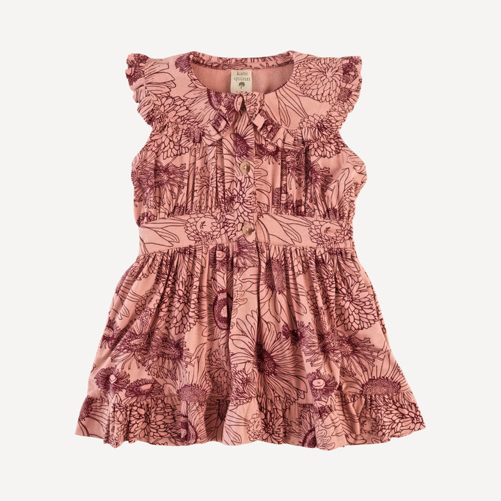 sleeveless ruffle peter pan dress | merlot sunflowers | bamboo