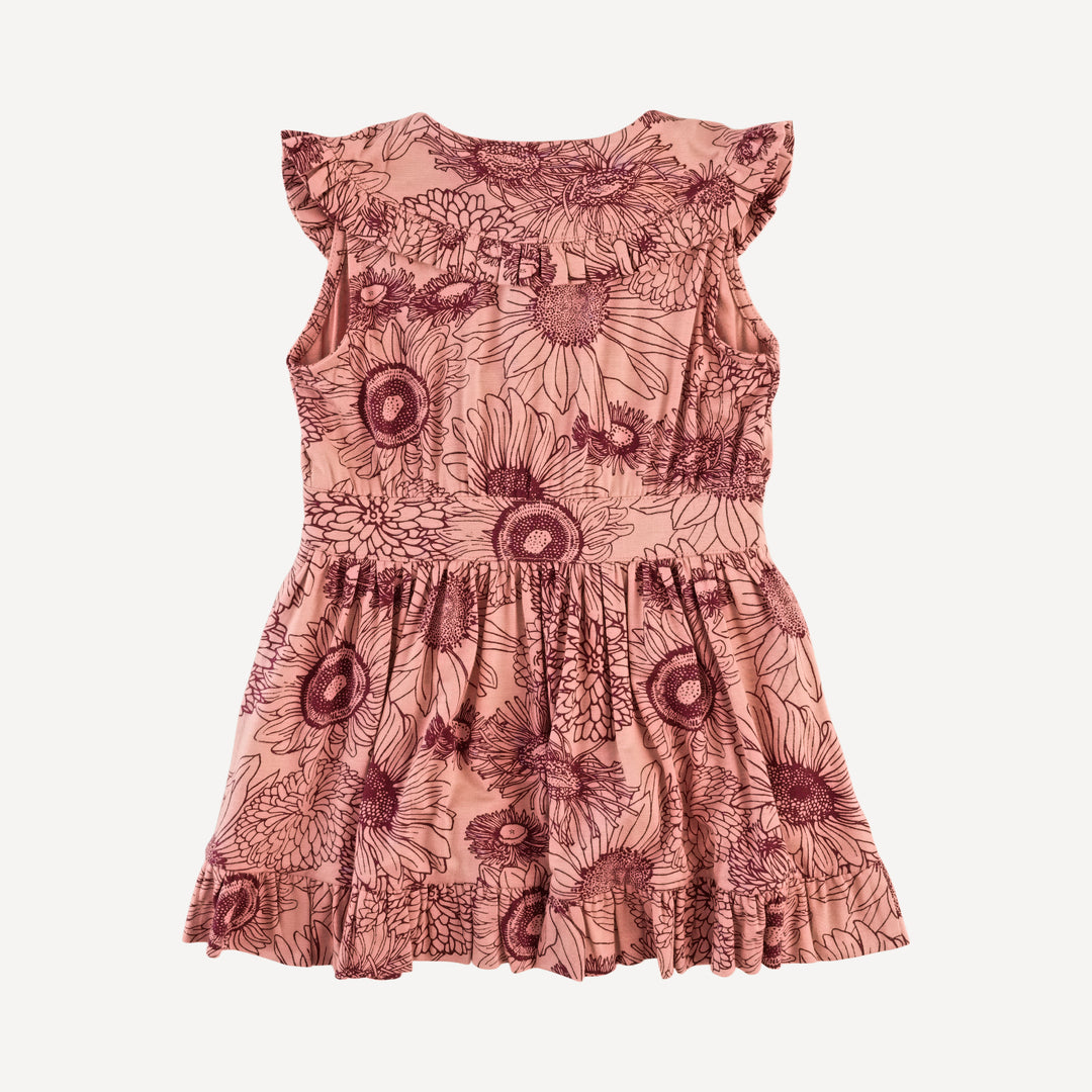 sleeveless ruffle peter pan dress | merlot sunflowers | bamboo