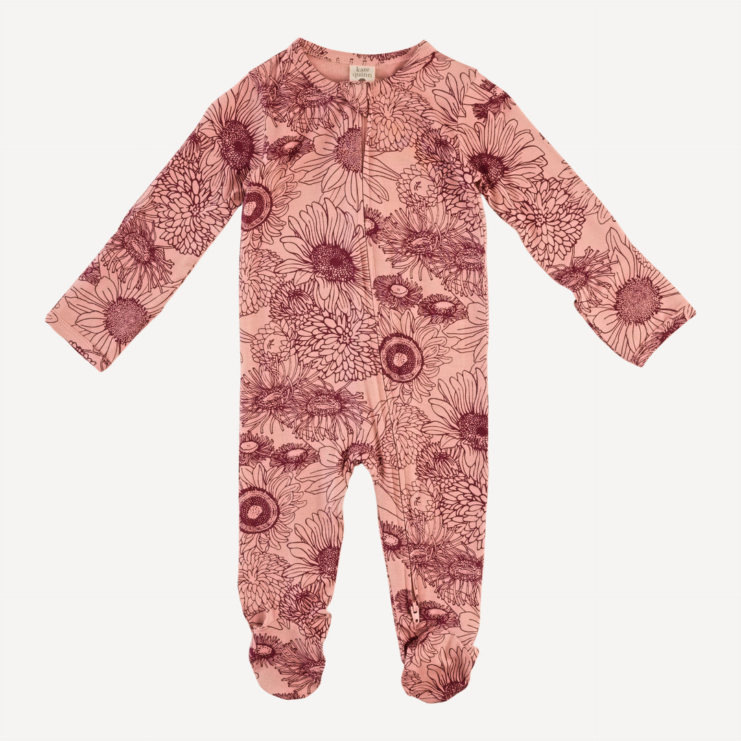 long sleeve two way zipper footie | merlot sunflowers | bamboo