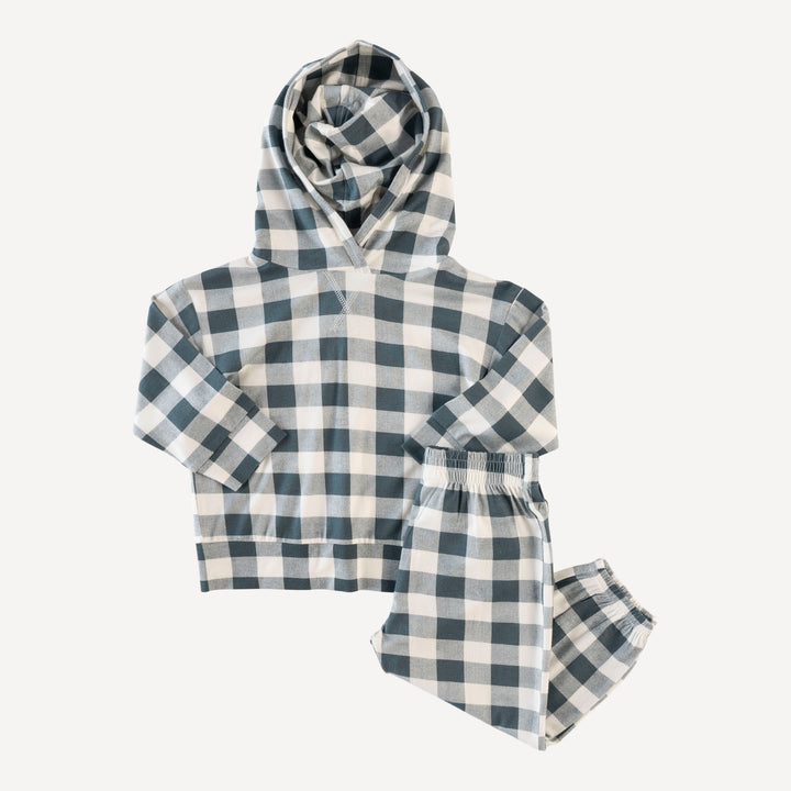 long sleeve boxy topstitch hoodie and relaxed jogger set | slate blue gingham | bamboo