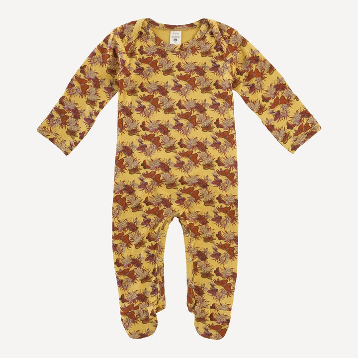 AS IS! long sleeve lap neck footie | gold butterflies and milkweed | bamboo